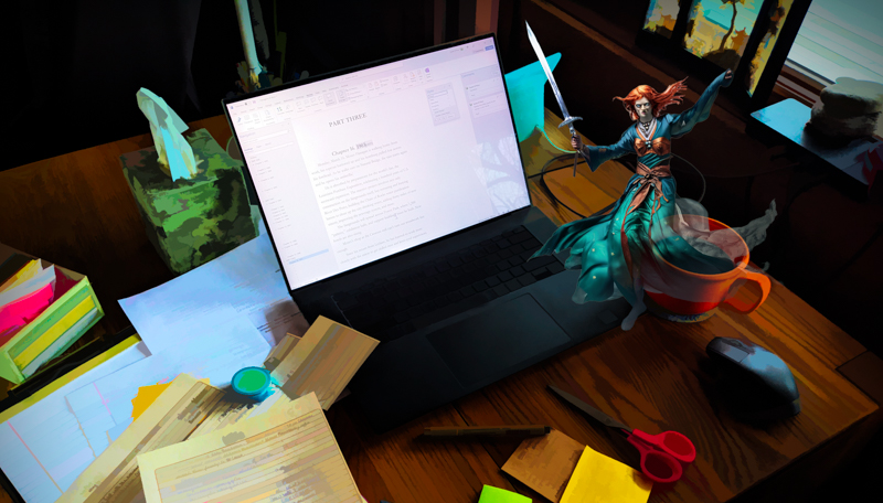 The AI-generated servitor Fuego, on my desk